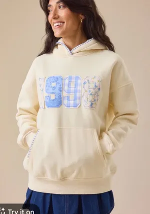 Altar'd State Cream Hoodie Sweater with Blue '1998' Appliqué thumbnail 1