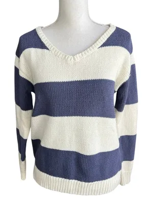 Aeropostale rugby stripe v-neck sweater beachy coastal navy and cream oversized thumbnail 1
