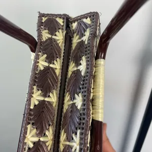 Rectangle Brown Star Flower Woven Box Tiki Beach Straw Structured Handbag‎ thumbnail 6