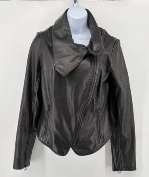 Alice + Olivia Black Lambskin Leather Asymmetric Drape Collar Moto Jacket Fits S thumbnail 1