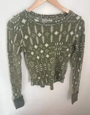 We The Free Free People Olive Green Fair Isle Waffle Knit Thermal Top‎ Small thumbnail 1