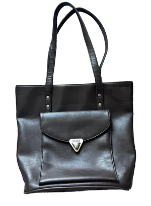 Vintage Guess Brown Triangular Turn Lock Pocket+Zip, Big Tote Shoulder Bag Purse thumbnail 1