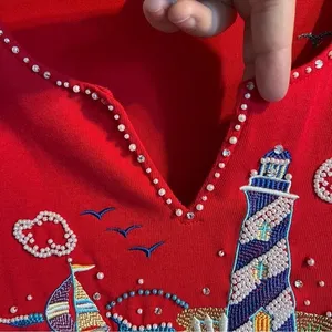 Quacker Factory Red Beaded Embroidered Lighthouse Nautical Themed Top Size Large‎ thumbnail 2