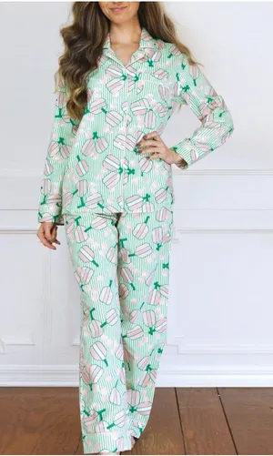 8 Oak Lane Pajama Set Womens L/XL Green Pickleball Print Button Top Pants PJs thumbnail 1