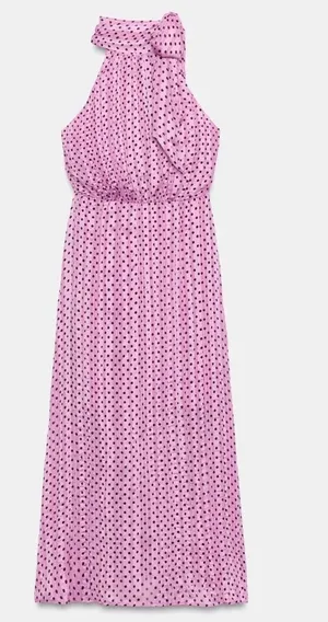 Zara Polka Dot Halter Tie Pleated Midi Dress Lilac Size L thumbnail 1