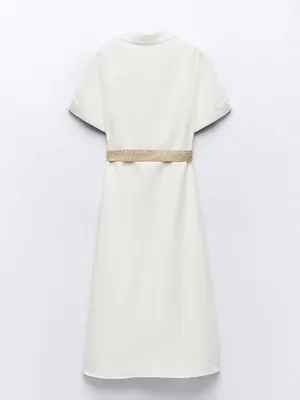 ZARA Cream Button-Front Midi Shirt Dress with Woven Belt thumbnail 6