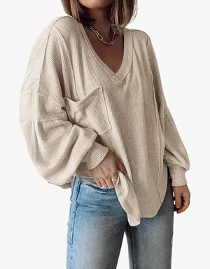 NWT BTFBM Casual V Neck Ribbed Knitted Shirts Loose Balloon Sleeve Top Size M thumbnail 1