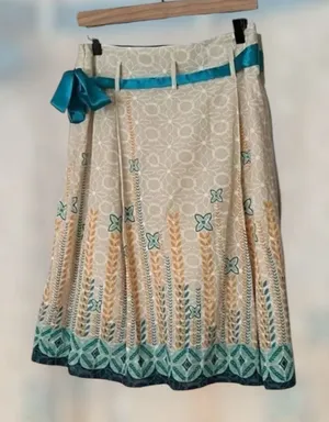 Mint Green Boho Eyelet A-Line Pleated Midi Skirt Teal Yellow Small thumbnail 1