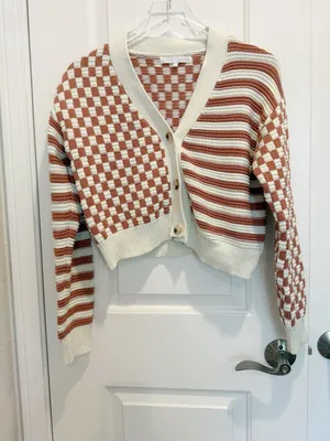 MORE TO‎ COME Sima Button Up Sweater Checkered Cropped Cardigan Brown Multi XS thumbnail 3
