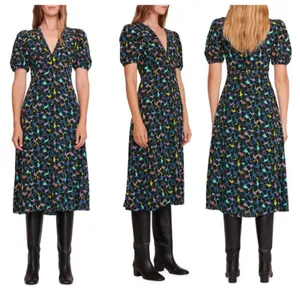 STAUD Milla Puff-Sleeve Midi-Dress - Black Abstract Wave - 4 thumbnail 7