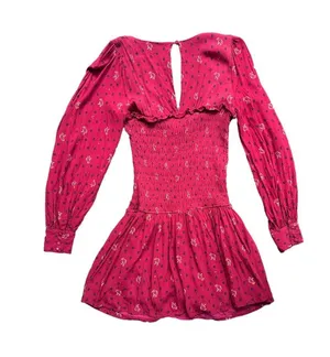 Free People Red Two Faces Printed Floral Boho Mini Dress Smocked Balloon Sleeve thumbnail 3