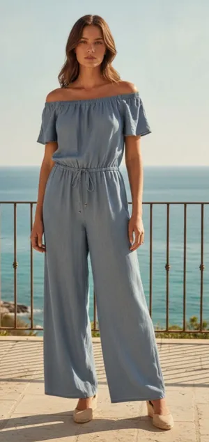 Appraisal Off-The-Shoulder Denim-Look Lyocell Jumpsuit Size M (19” PTP) thumbnail 1