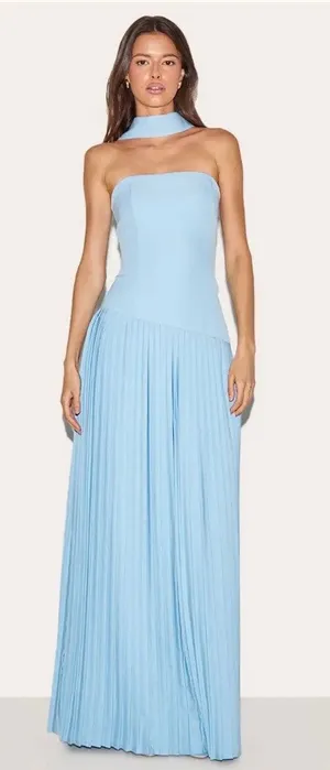 PrettyLittleThing Light Blue Drop Waist Neck Scarf Pleated Maxi Strapless Dress thumbnail 1