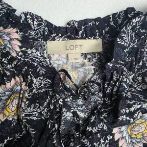 LOFT NWOT Black Purple Floral Ruffle Neck Long Sleeve Elastic Waist Dress‎ Large thumbnail 3