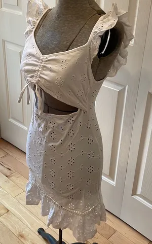 ASOS white cap sleeve eyelit design open midriff mini dress thumbnail 1