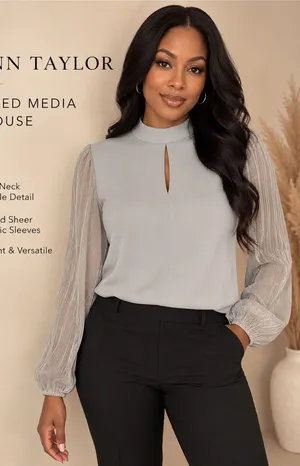 Ann Taylor Gray Mixed Media Mock Neck Blouse Size M thumbnail 1