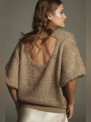 Maeve Violette Short-Sleeve Tinsel Pullover Sweater Metallic Gold Honey Small thumbnail 2
