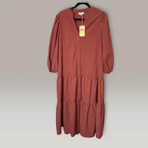 Entro Terracotta Rust Tiered Maxi Dress Long Sleeve V-Neck D19440 Large NEW thumbnail 4