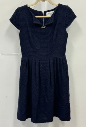 Elizabeth‎ McKay Navy Blue Wool Horsebit Split Neck Fit Flare Dress Size 6 thumbnail 1