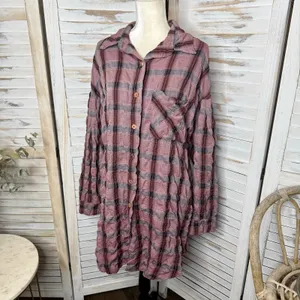 CUTLOOSE Women's XL Plaid Long Sleeve Shirtdress Maroon Burgundy Y2K Grunge thumbnail 6