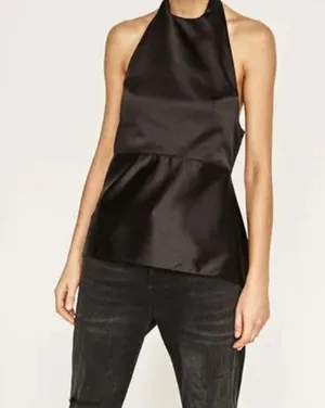 ZARA Satin Effect Open Back Top Asym Hem Dressy Black Halter Sz. S preowned thumbnail 4