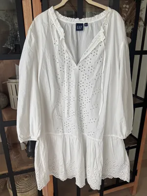 GAP eyelet embroidered long sleeve dress tie front cotton tiered ruffle hem thumbnail 5