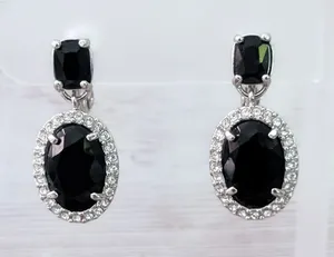 Vintage Monet Clip On Earrings Stunning Silver Tone, Black & Clear Gems thumbnail 1