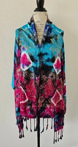 Artisan Tie-Dye Boho Wrap Shawl with Gold Foil thumbnail 1