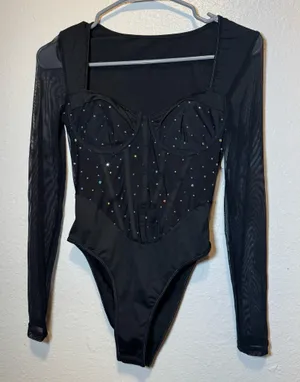 SHEIN Black with Rhinestones Faux Ribbed Bodysuit Sheer Long Sleeved Size XS thumbnail 1