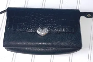 Brighton Black Leather Convertible Crossbody Wallet Croc Heart No Strap thumbnail 1