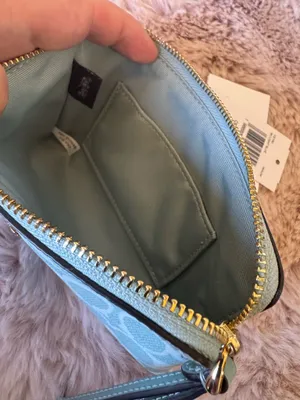 💙Coach Corner Zip Wristlet CEY93 Light Blue Signature Canvas-Smooth Leather NWT thumbnail 2