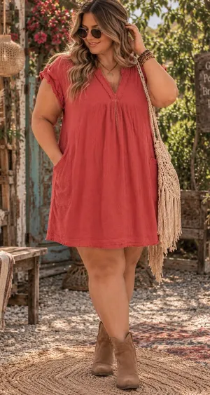 Boho Cotton Gauze Babydoll Dress Rust Coral Earthy Cottagecore Pockets 1X Entro thumbnail 1