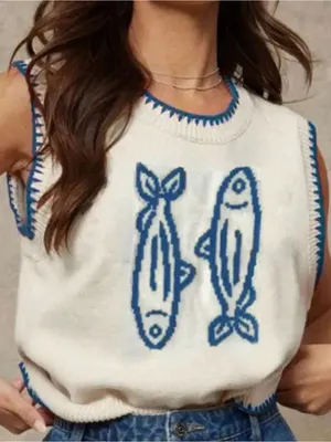 White & Blue Fish Knit Sleeveless Vest - Casual Summer Layer EUC - worn once thumbnail 1