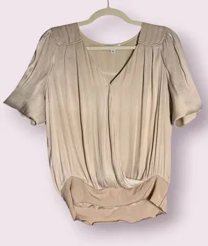 Anthropologie Current Air Blush Tan Satin Short Sleeve Surplice Blouse Size XS thumbnail 1