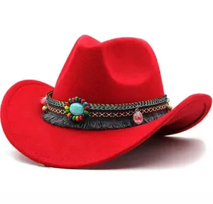 Red‎ Western Cowboy, Cowgirl Hat, Bead Tassle Strap, Men Women Retro Wide Brim thumbnail 1
