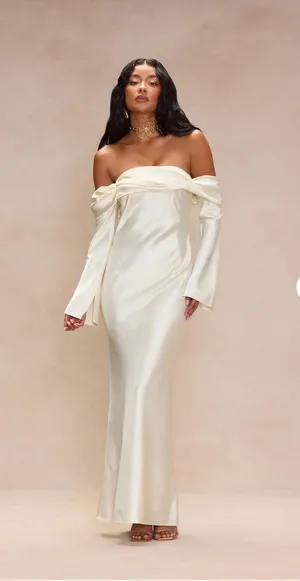 FashioNova Satin White Long Sleeve Dress thumbnail 1