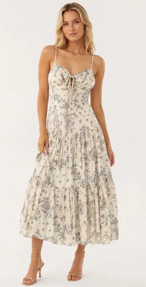 New Aakaa Floral Tie Front Midi Dress Ivory Blue Size M thumbnail 1
