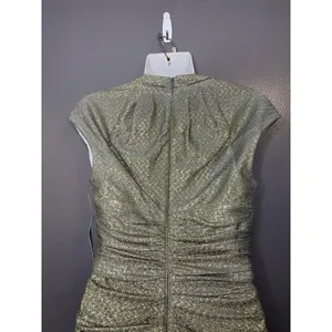 Maggy London Dress Womens 4 Gold Metallic Chevron Ruched V Neck Sheath Midi thumbnail 7