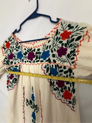 Mexican Hand Embroidered Dress Ivory Floral San Antonino Artisanal Boho(A852) thumbnail 8