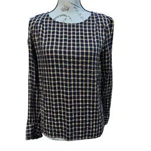 LOFT Navy Blue Mustard Yellow Plaid Long Sleeve Blouse Small‎ thumbnail 2