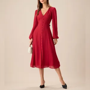 Rihoas Women's Red V-Neck Puff Sleeve Slit Midi Dress thumbnail 3