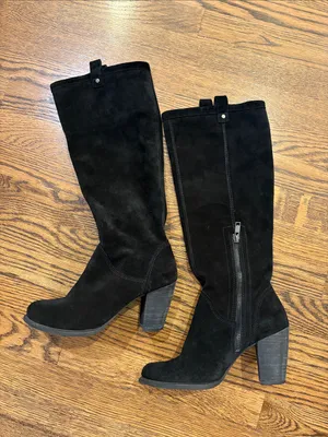 UGG Black Suede Knee-High Block Heel Boots - Women, 7, block heel thumbnail 2