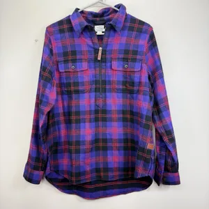 LL Bean Purple Scotch Plaid 1/4 Zip Cotton Flannel Shirt Relaxed MEDIUM thumbnail 3