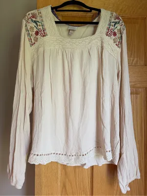 Knox Rose Cream Boho Embroidered Long Sleeve Blouse Square Neck XXL Boho thumbnail 1