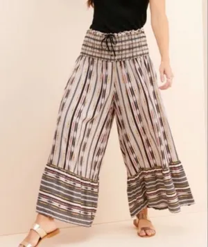 Maeve Anthropologie Wide Leg Pants Womens Multicolor Smocked Ikat Print Medium thumbnail 1