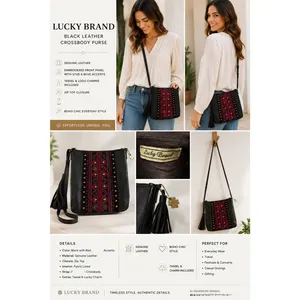 Lucky Brand Leather Crossbody Purse Black Red Embroidered Boho Tassel EUC thumbnail 14