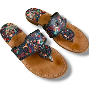 Jack Rogers Jacks Flat Sandals Navy Floral Leather Whipstitch Thong‎ Slide 9M thumbnail 1