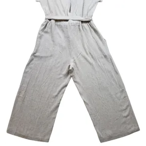 Monteau Jumpsuit Womens Large Beige Linen Wide Leg V-Neck Cropped Boho Overall thumbnail 14