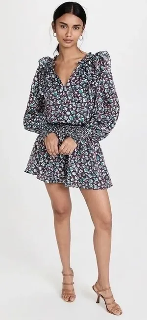 RAMY BROOK Silk Penelope Dress Roco Floral Mini Ruffled Smocked Purple Teal XS thumbnail 1