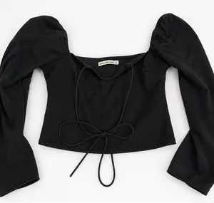 Abercrombie & Fitch Black Puff Sleeve Tie Front Top | Romantic Going Out Blouse thumbnail 1